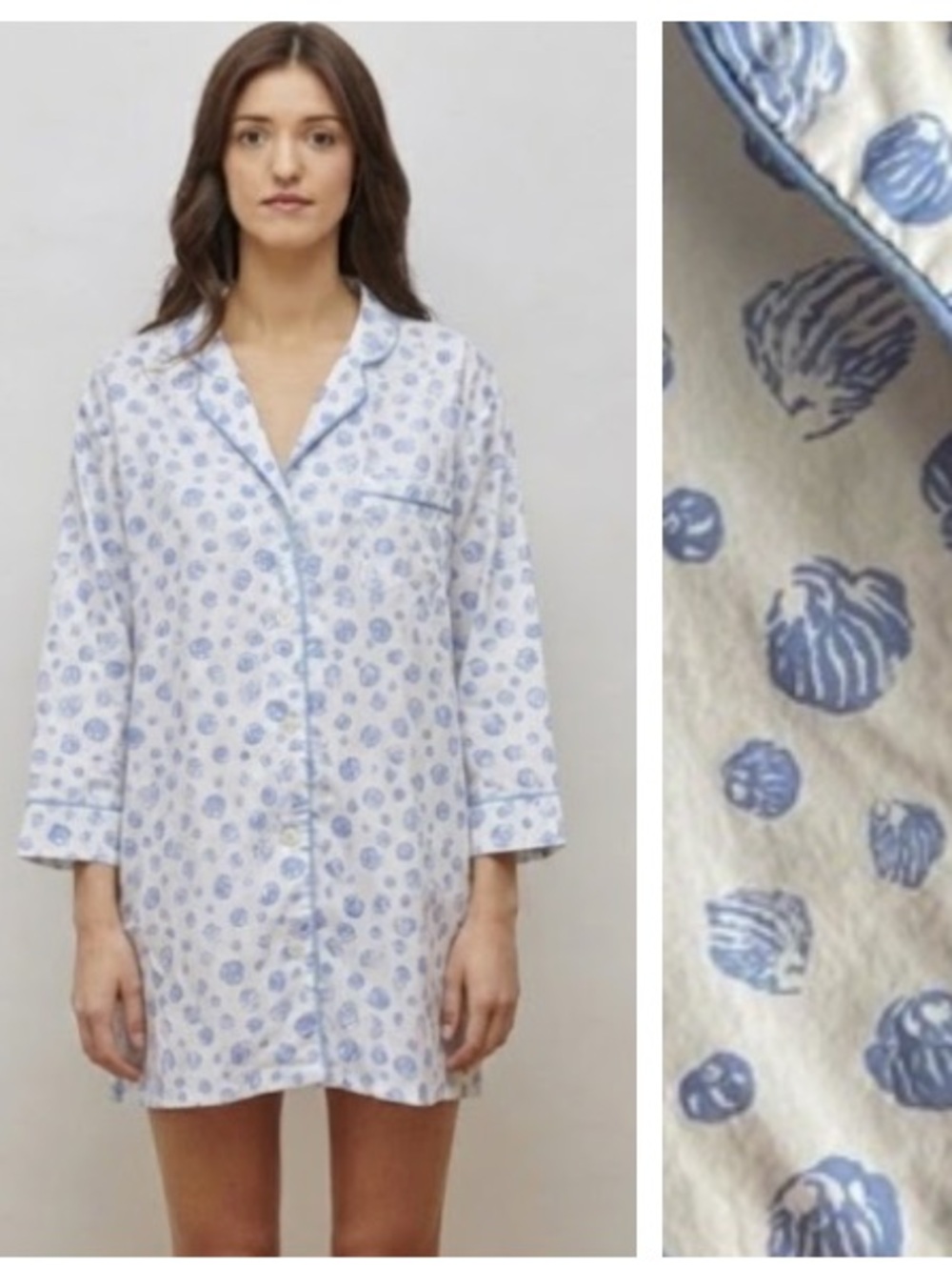 Marigot White Blue Seashell Lorient Block Print Nightshirt S